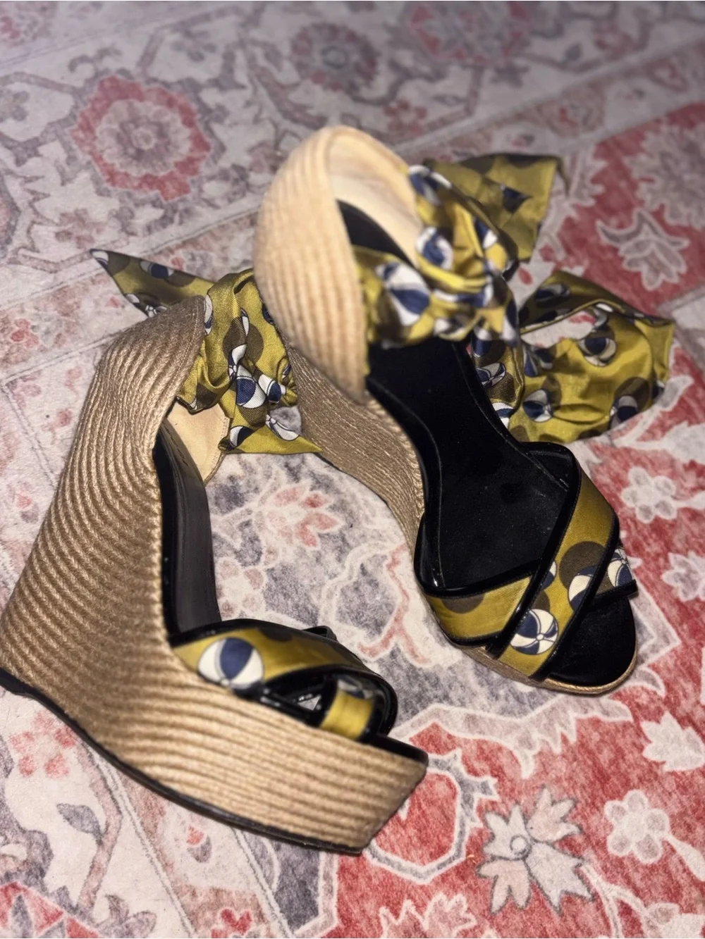 Gucci espadrille platform wedge sandals with silk scarf ankle ties
